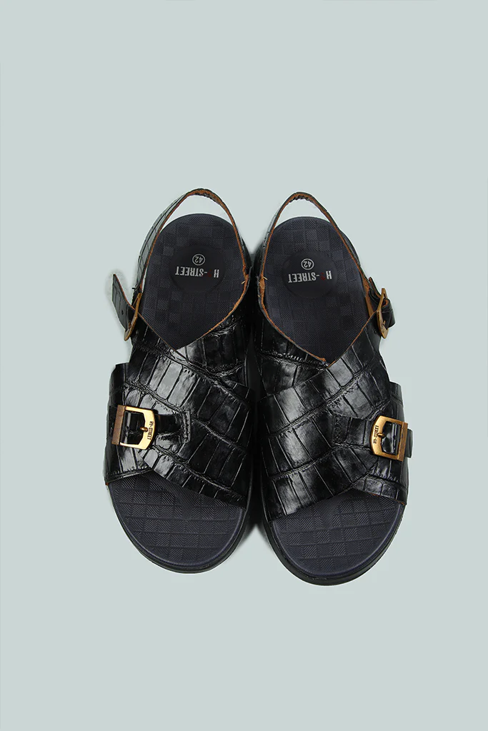 EMBOSSED BLACK LEATHER SANDAL - Image 3