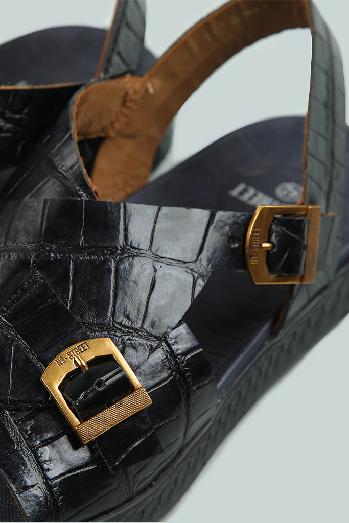 EMBOSSED BLACK LEATHER SANDAL - Image 5