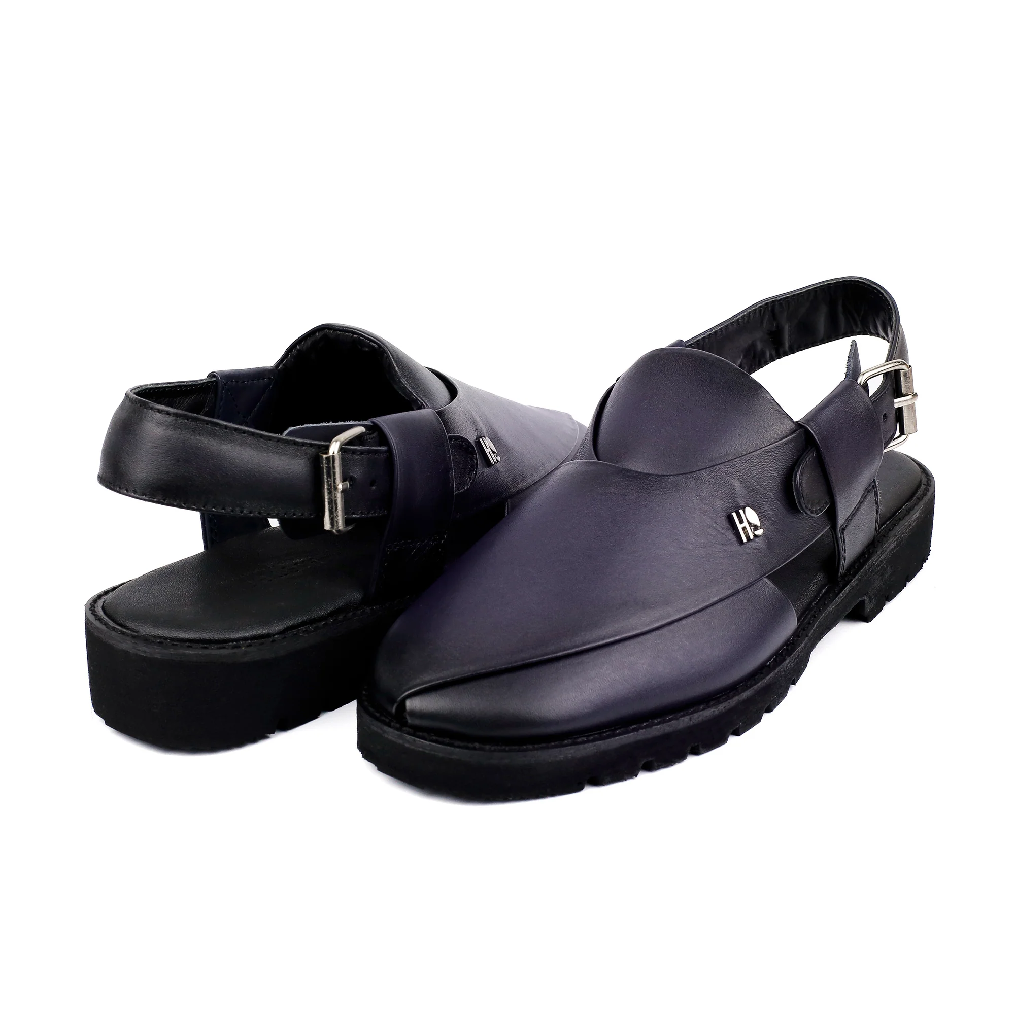 NAVY LEATHER TWO TONE SANDAL - Image 5